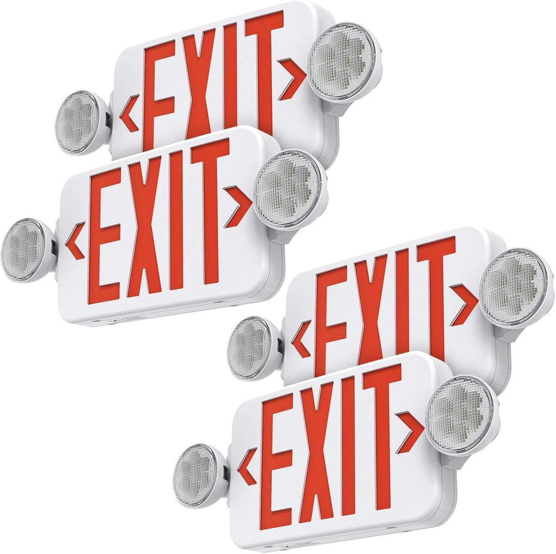 Red Led Exit Sign Emergency Light Combo Adjustable Two Head, Double Sided and Battery Backup Exit Light, Contractor Select, AC 120/277V (4 Pack)