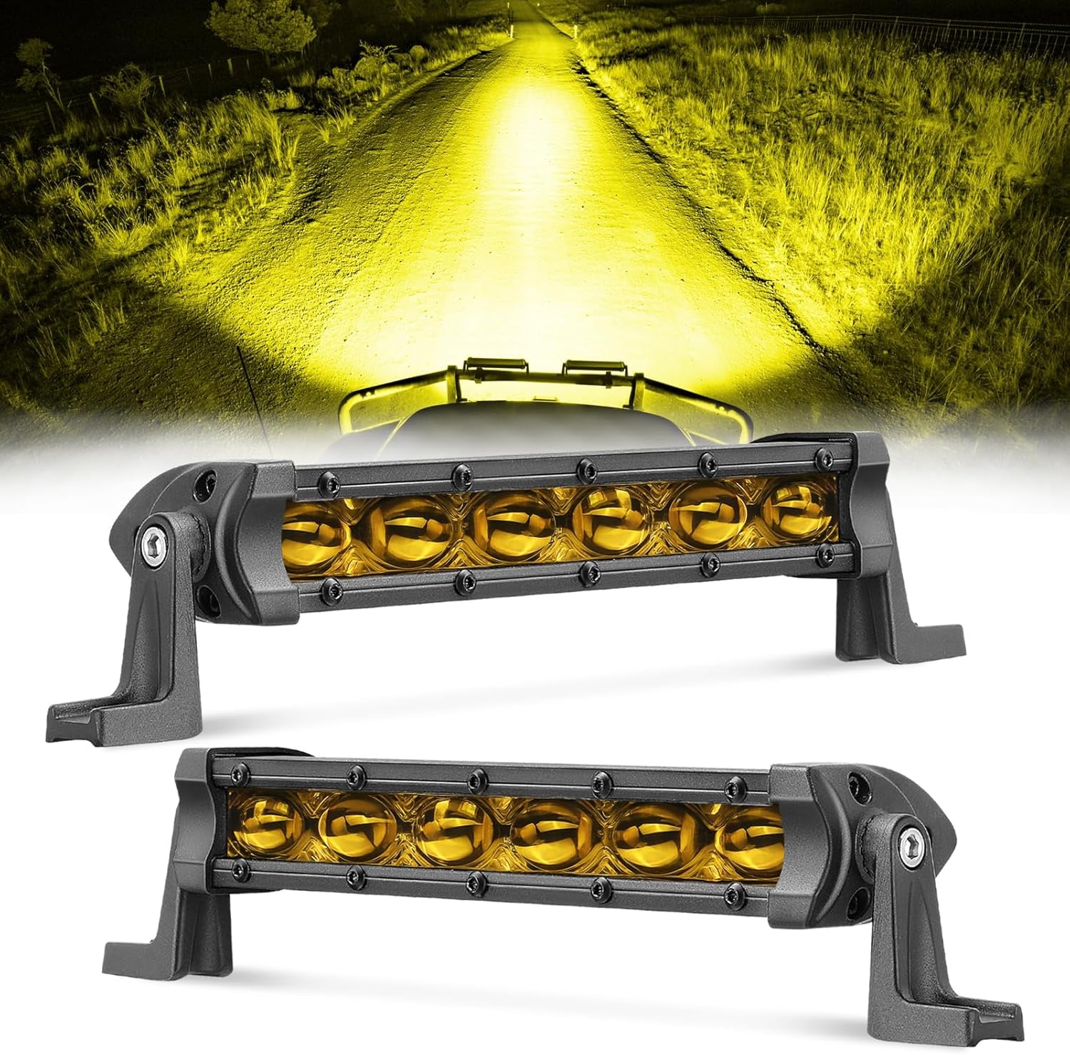 LED Light Bar Amber 2PCS 6 Inch 60W Ultra Slim Single Row Light Bars LED Driving Lights Yellow Fog Light Pod Lights with Spot Beam for Truck Motorcycle SXS Off-Road UTV ATV