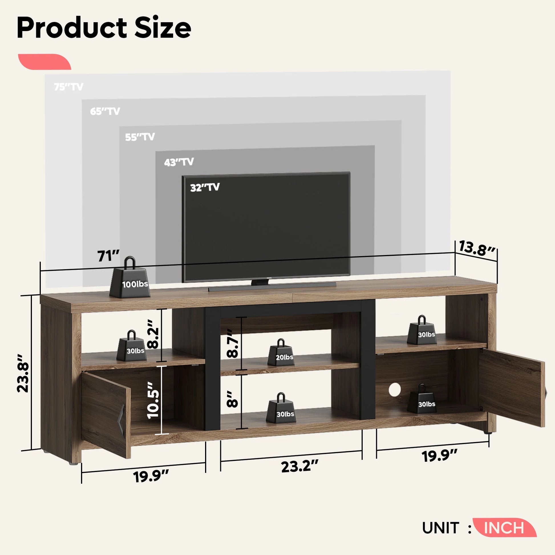 Modern LED TV Stand for up to 80" TV with Open Cubes and Cabinets, Pinewood