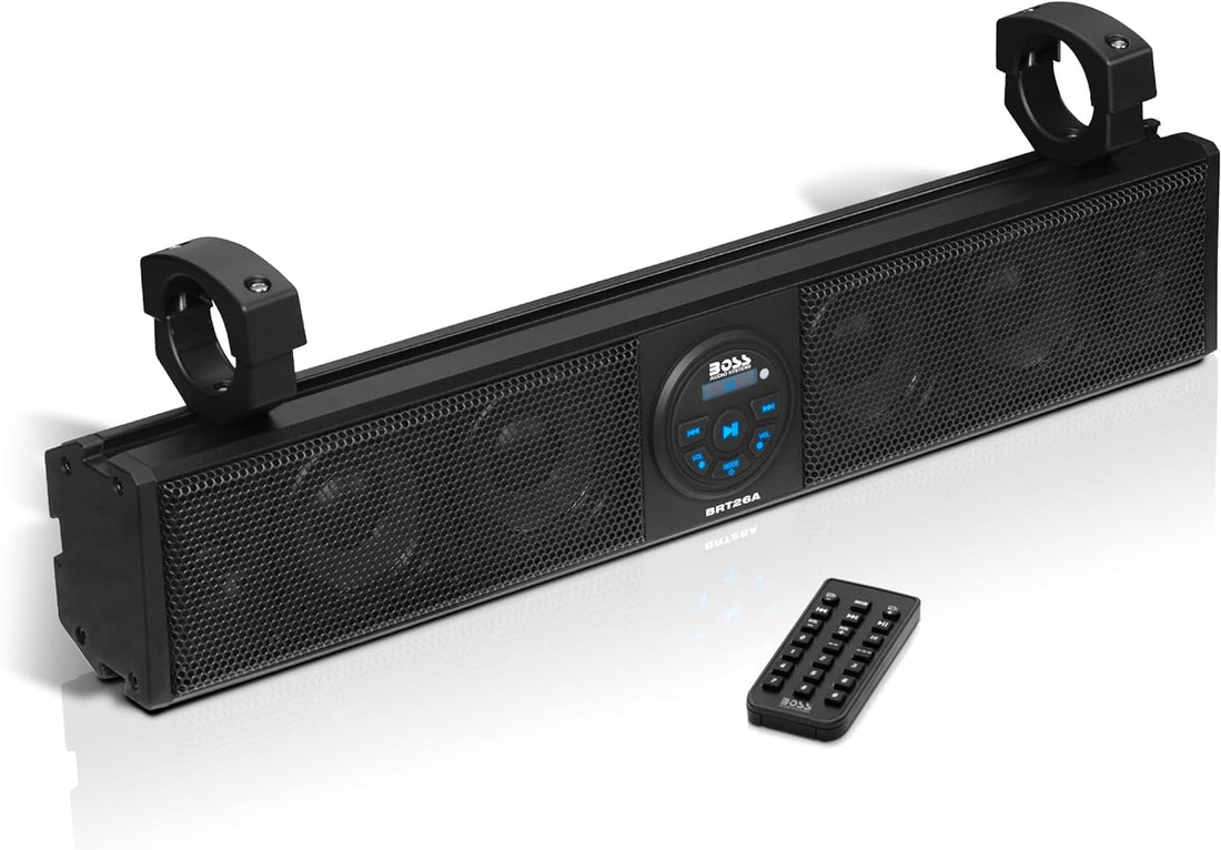 BRT26A ATV UTV Sound Bar - 26 Inch Wide, 4 Inch Speakers, 1 Inch Soft Dome Tweeters, Full Range, IPX5 Weatherproof, Bluetooth, Built-In Amplifier, Golf Cart Compatible