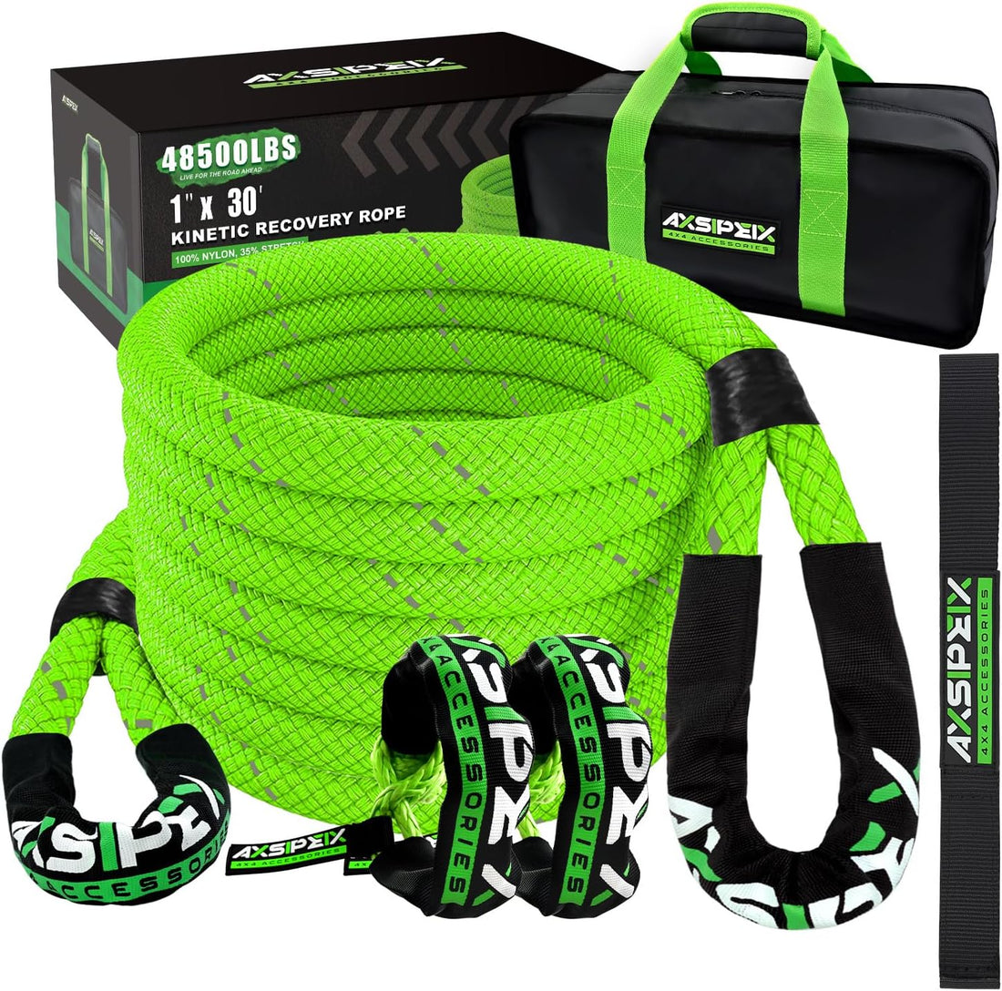 1"×30Ft Kinetic Recovery Rope (48,500Lbs) Heavy Duty Offroad Recovery Rope with 2 Soft Shackles 1/2" X 22" Offroad Recovery Kit for UTV, ATV, Truck, Car (Green)