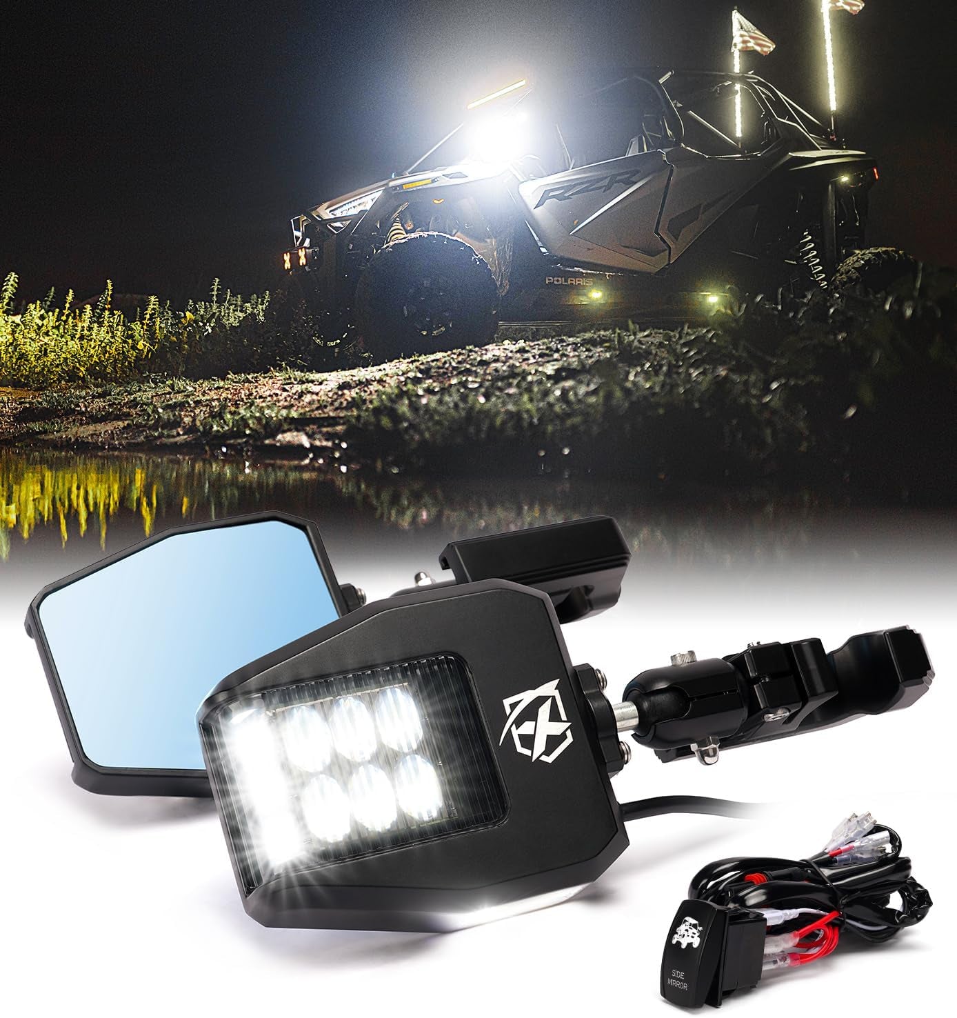 UTV LED Side View Mirrors Aluminum W/Puddle Lights, Fits 1.75"-2 Inch Roll Cage Bar for Polaris RZR Pioneer, Side by Side, Can-Am X3, Kawasaki Teryx Mule, Yamaha Rhino Wolverine - Smoke Lens