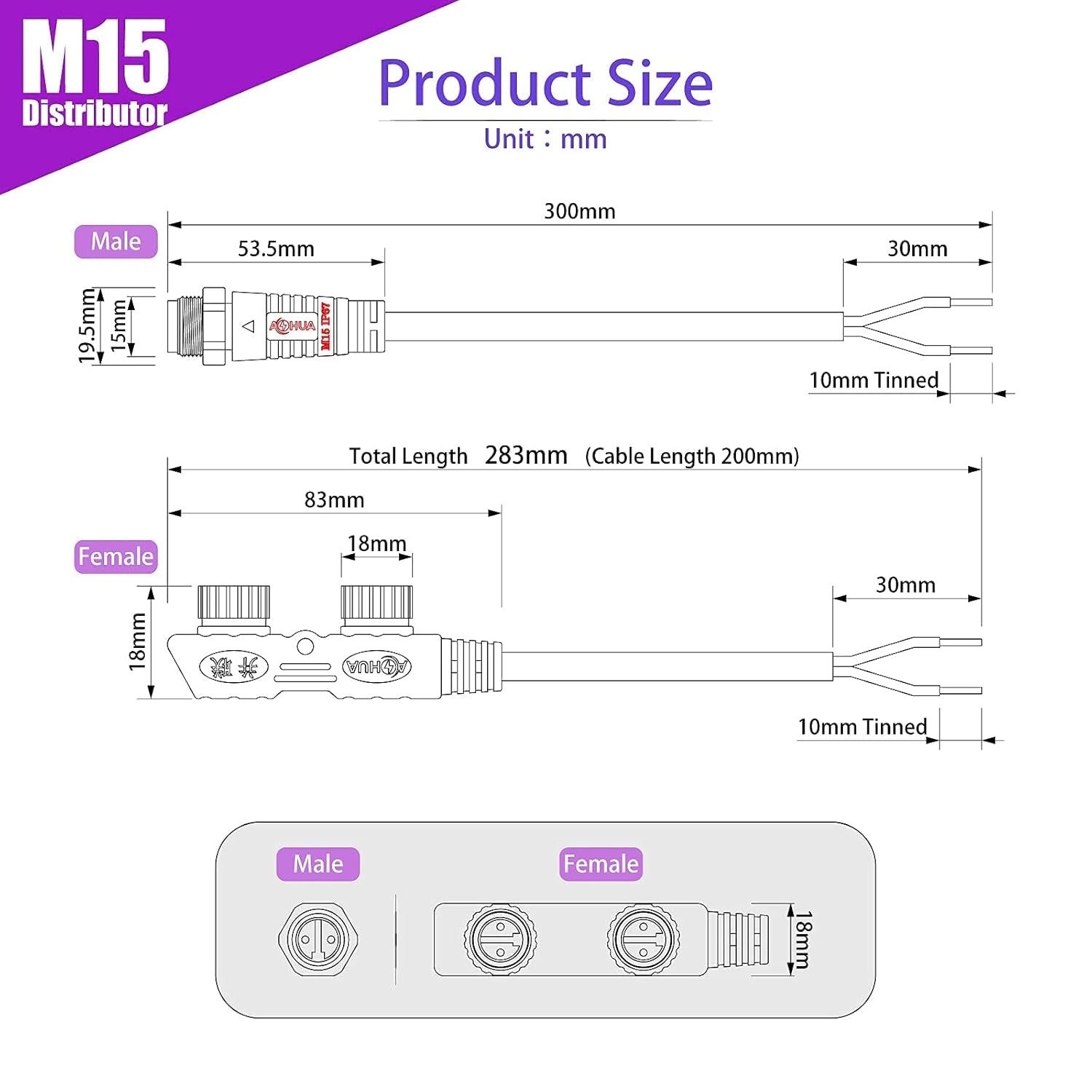 M15 Waterproof Connector IP68 Outdoor Electrical Splitter Plug for 2Pin Cables LED Connector UL Certification