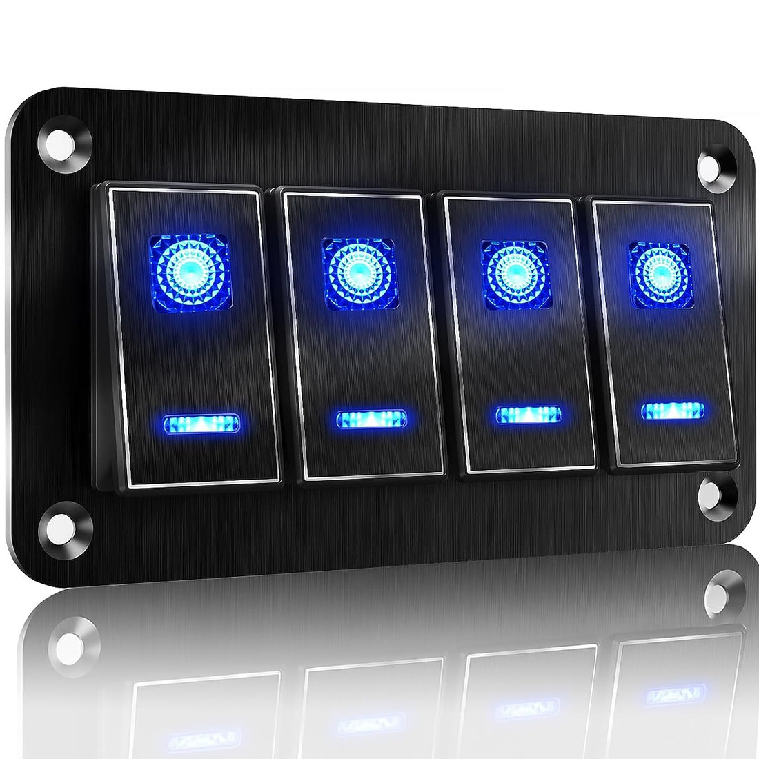 Rocker Switch Panel – 4 Gang Aluminum Toggle Switch Panel, 12V/24V Switch Panel, 5 Pin On-Off Car Switches, Blue LED Switch Panel for Automotive Car Boat Truck Motorcycle Jeeps RV UTV