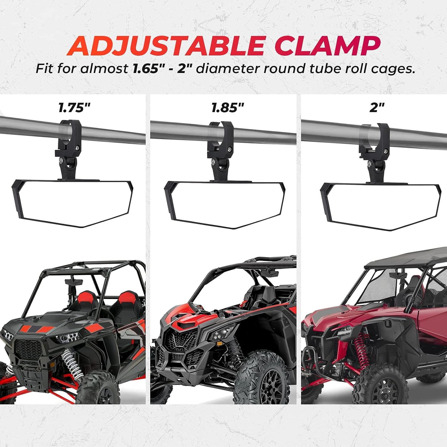 UTV Rear View Mirror, SXS UTV Mirror Clear View with 1.5 1.65-2 Inch 360° Adjustable Low Profile Aluminum Clamp Compatible with Polaris Rzr/Pioneer/Talon/Kawasaki Krx/Mule/Can Am X3/ CFMOTO