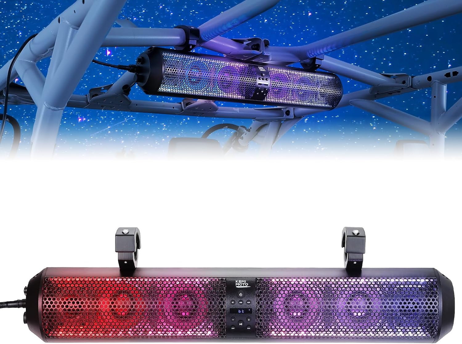 UTV Sound Bar 28 Inch ATV Soundbar 4X Subwoofers LED Party Lights Bluetooth Golf Cart Sound Bar 2X Tweeters Compatible with Polaris RZR Can-Am X3 Defender CFMOTO for 1.56"- 2.25" Roll Bar