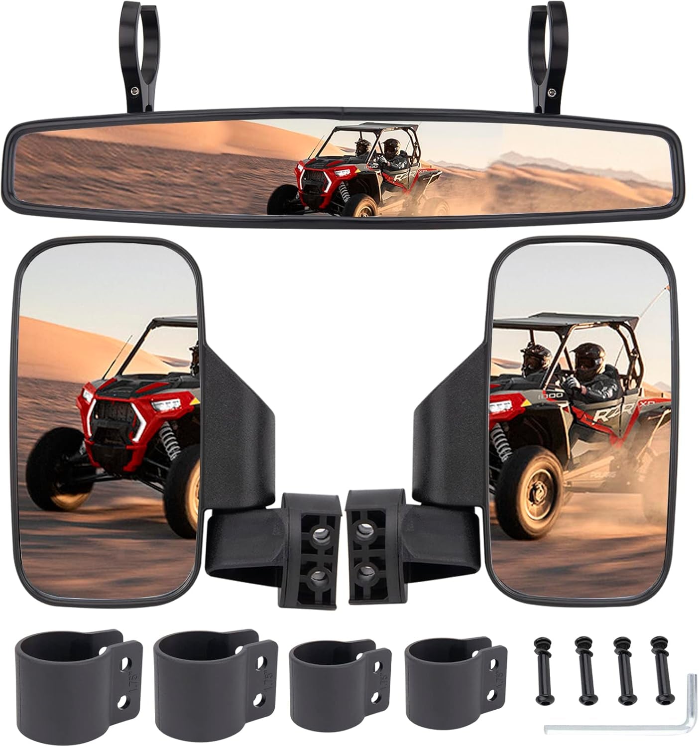 UTV Side Rear View Mirror with 1.75" to 2" Roll Bar Cage Compatible with Polaris RZR Honda Pioneer Yamaha Rhino Kawasaki Teryx, with Center View Mirror