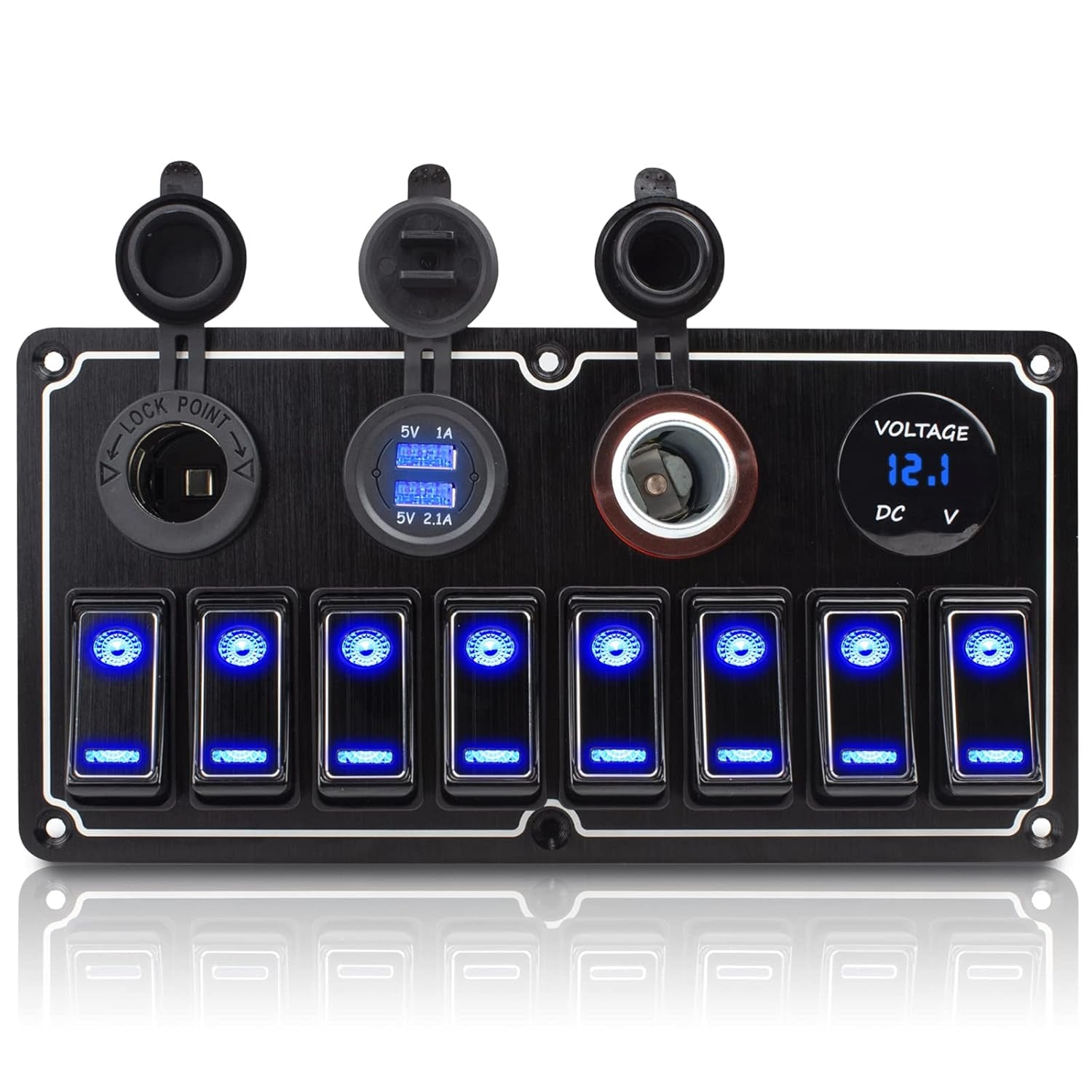 Rocker Switch Panel – Aluminum Toggle Switch Panel, 12V/24V Switch Panel with Voltmeter 4.2A Dual USB Charger Port Power Outlet, 5 Pin On-Off for Automotive Truck Jeep RV UTV (8 Gang, Black-1)