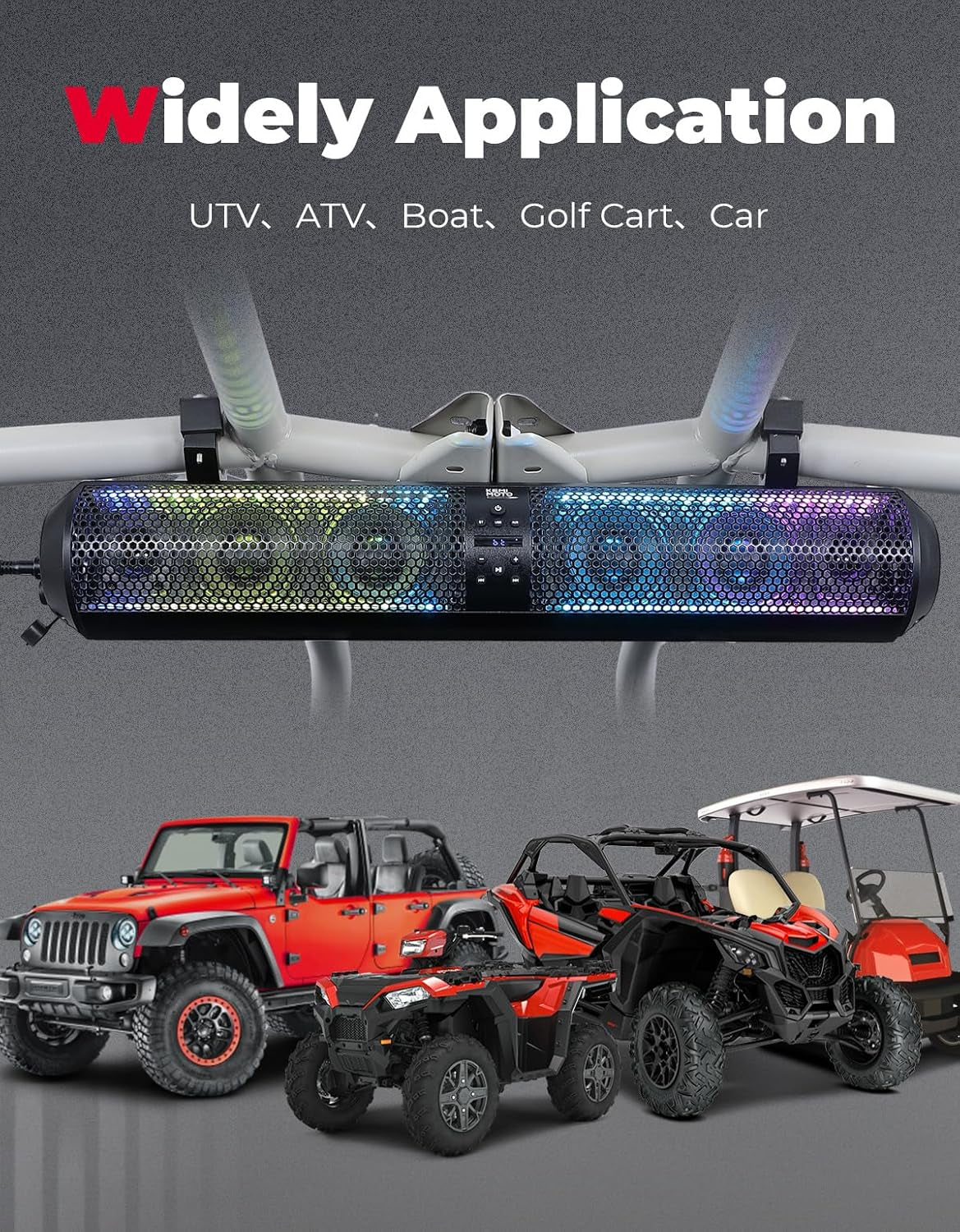 UTV Sound Bar 28 Inch ATV Soundbar 4X Subwoofers LED Party Lights Bluetooth Golf Cart Sound Bar 2X Tweeters Compatible with Polaris RZR Can-Am X3 Defender CFMOTO for 1.56"- 2.25" Roll Bar