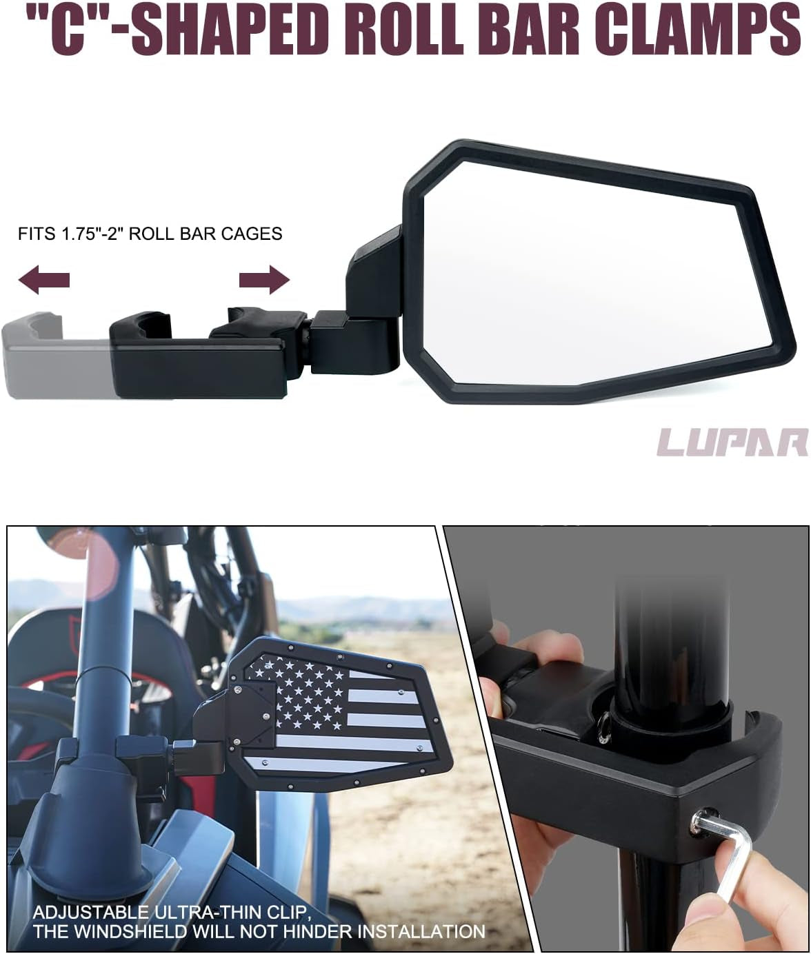 Aluminum UTV Side Mirrors Fits 1.75"-2" Roll Cage Bar America USA Flag Pattern Side Rear View Mirror for Side by Side Polaris RZR XP Turbo Can-Am Maverick X3 Yamaha Talon Kawasaki Pioneer