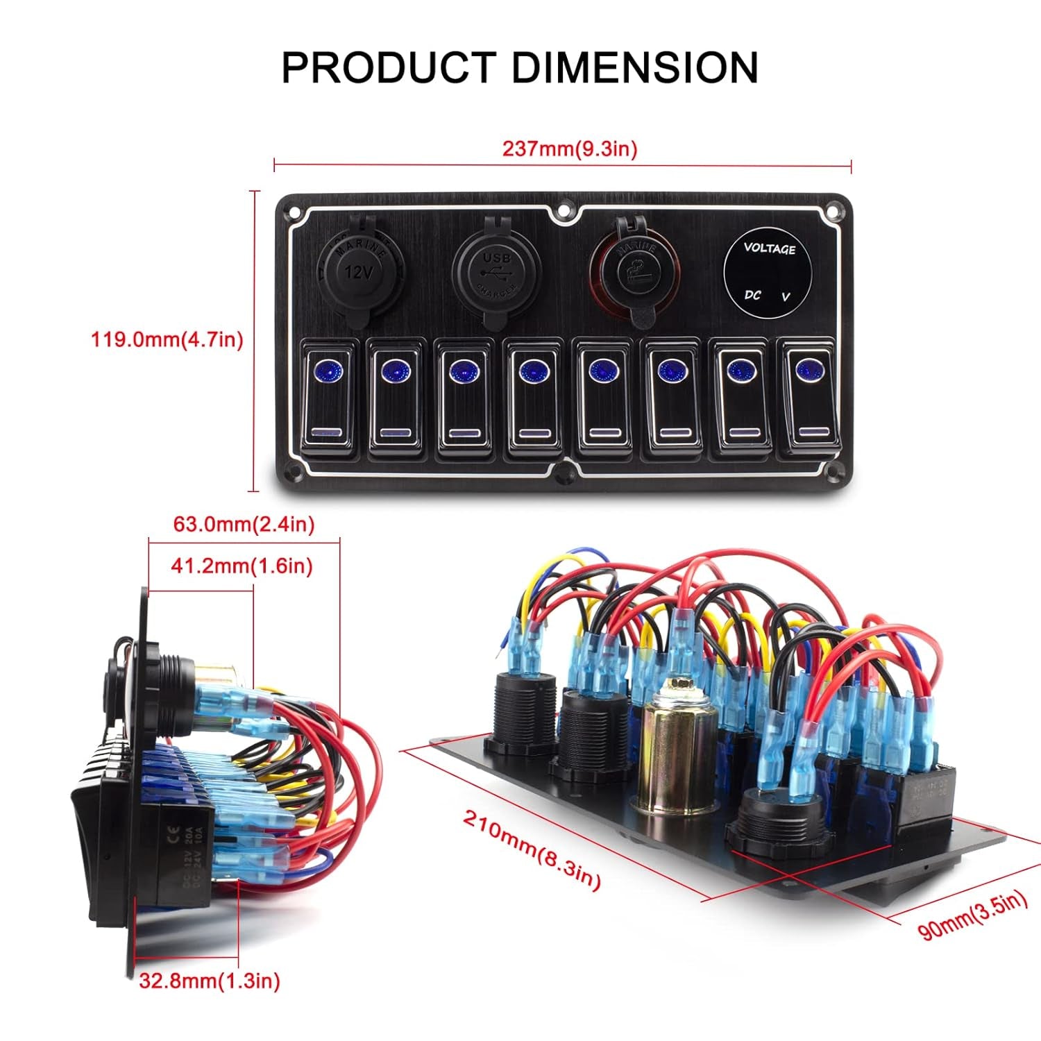 Rocker Switch Panel – Aluminum Toggle Switch Panel, 12V/24V Switch Panel with Voltmeter 4.2A Dual USB Charger Port Power Outlet, 5 Pin On-Off for Automotive Truck Jeep RV UTV (8 Gang, Black-1)