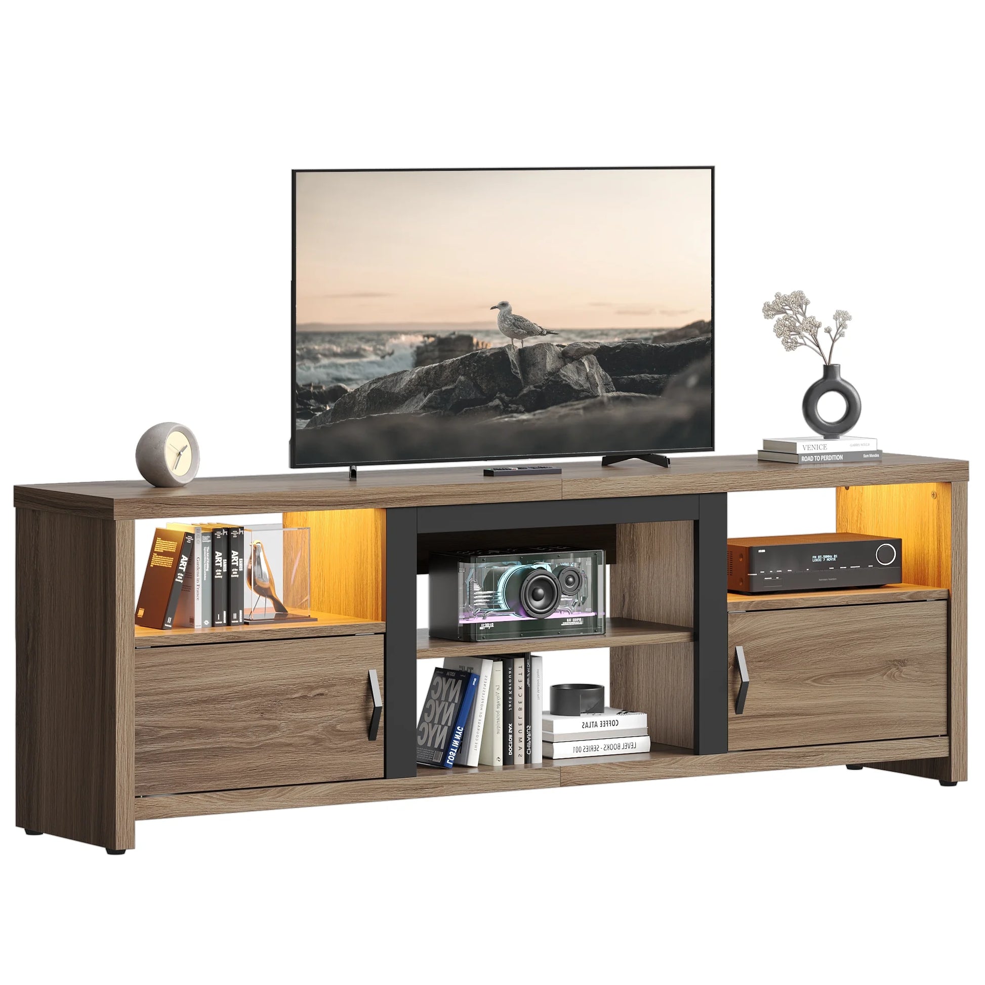 Modern LED TV Stand for up to 80" TV with Open Cubes and Cabinets, Pinewood