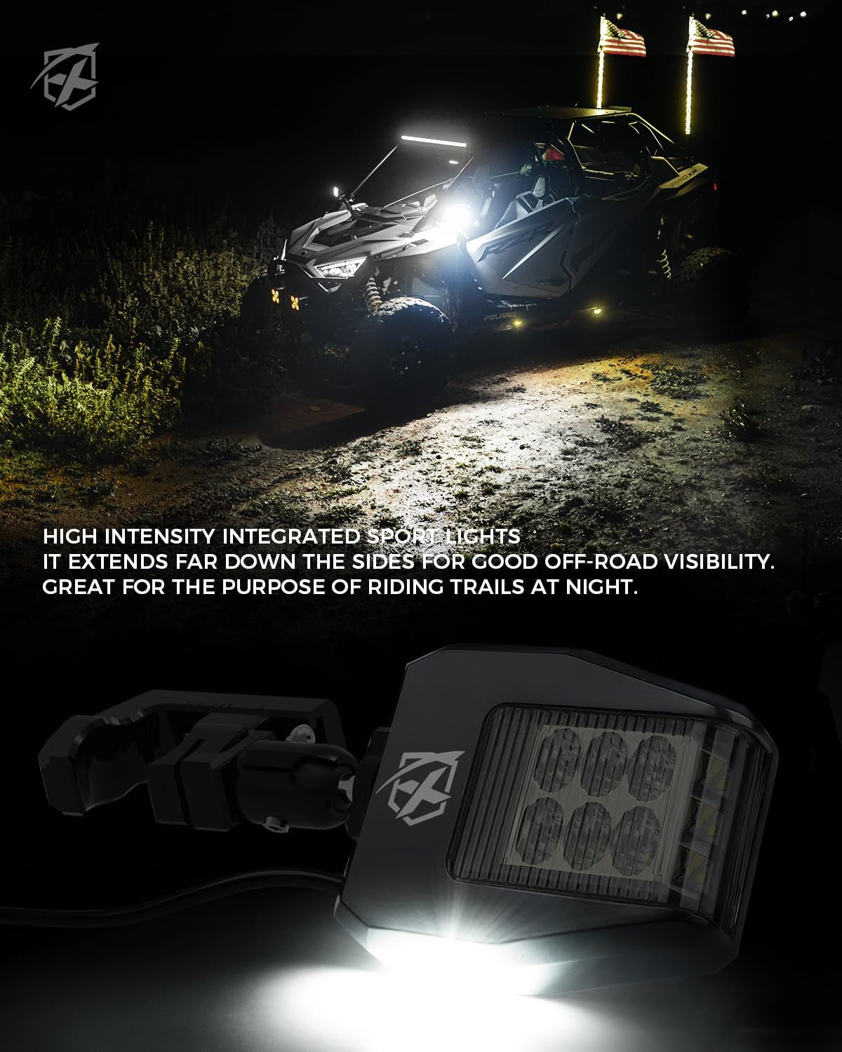 UTV LED Side View Mirrors Aluminum W/Puddle Lights, Fits 1.75"-2 Inch Roll Cage Bar for Polaris RZR Pioneer, Side by Side, Can-Am X3, Kawasaki Teryx Mule, Yamaha Rhino Wolverine - Smoke Lens