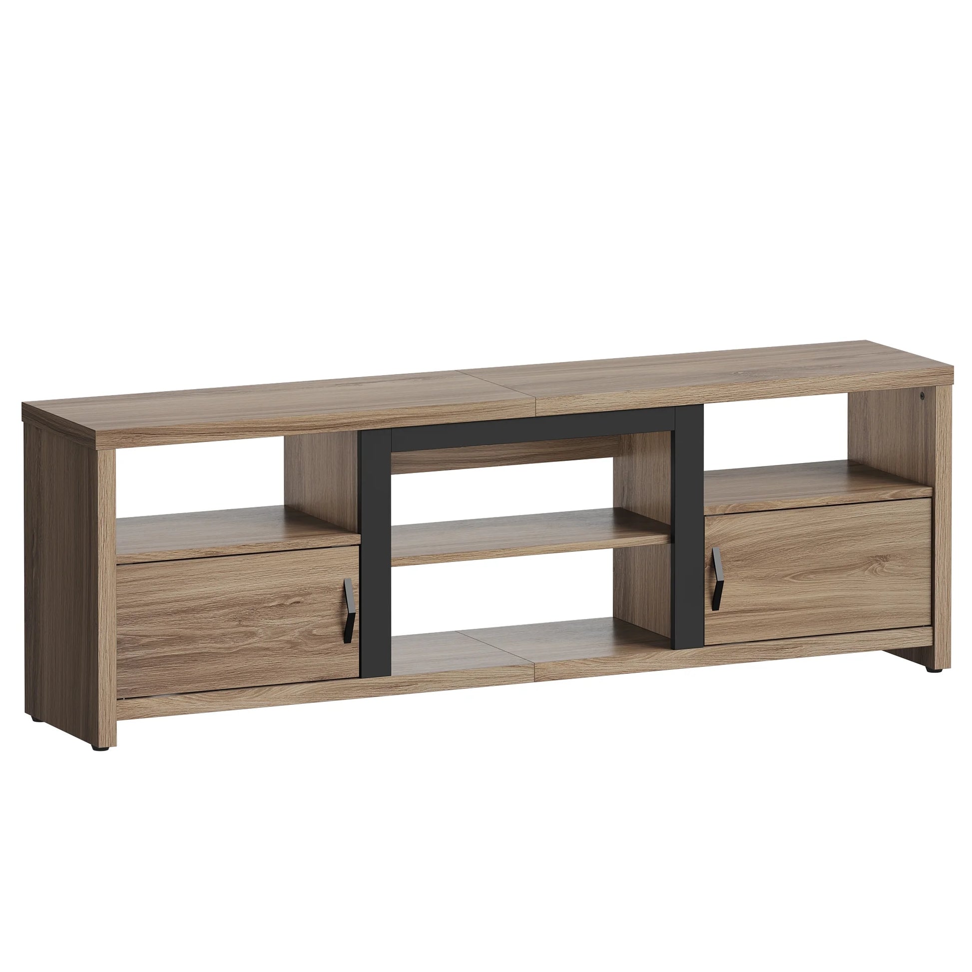 Modern LED TV Stand for up to 80" TV with Open Cubes and Cabinets, Pinewood