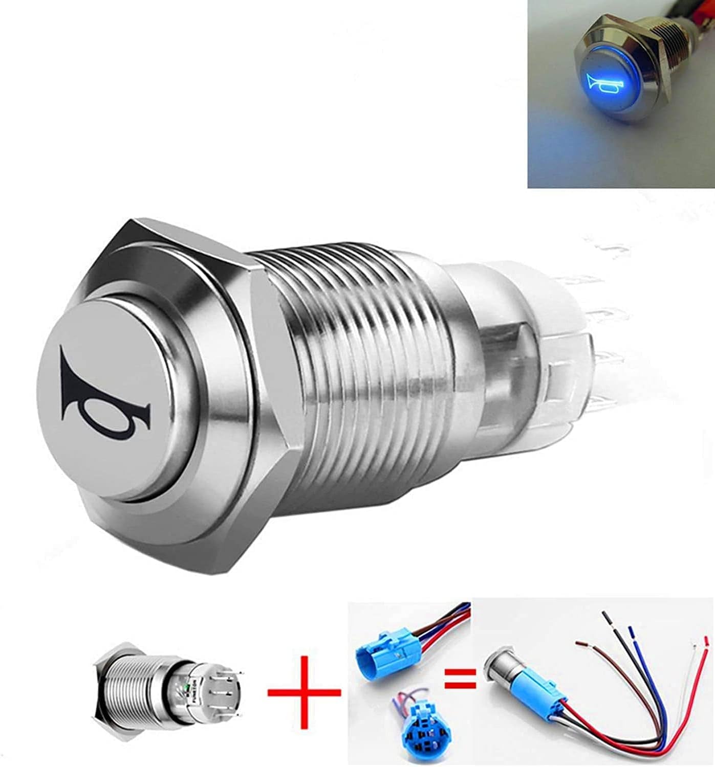 Car Horn Button 12V 16Mm LED On/Off Switch Momentary Button Reset Switch Dedicated Connector Switch Power Metal Toggle Car Boat Motorcycle DIY Switch Blu-Ray Automatic Rebound Reset 2-Pack