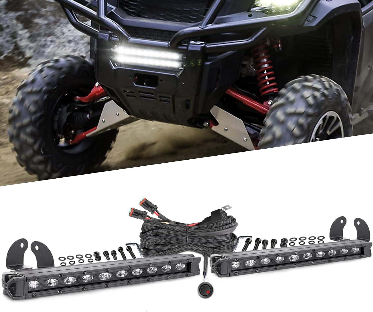 10 Inch Single Row LED Light Bars with Wiring Harness,  Black Series CREE LED Bar 2PCS 100W Super Slim Flood LED Fog Light Driving Light off Road Light Bumper Light Bar for UTV SXS ATV Truck