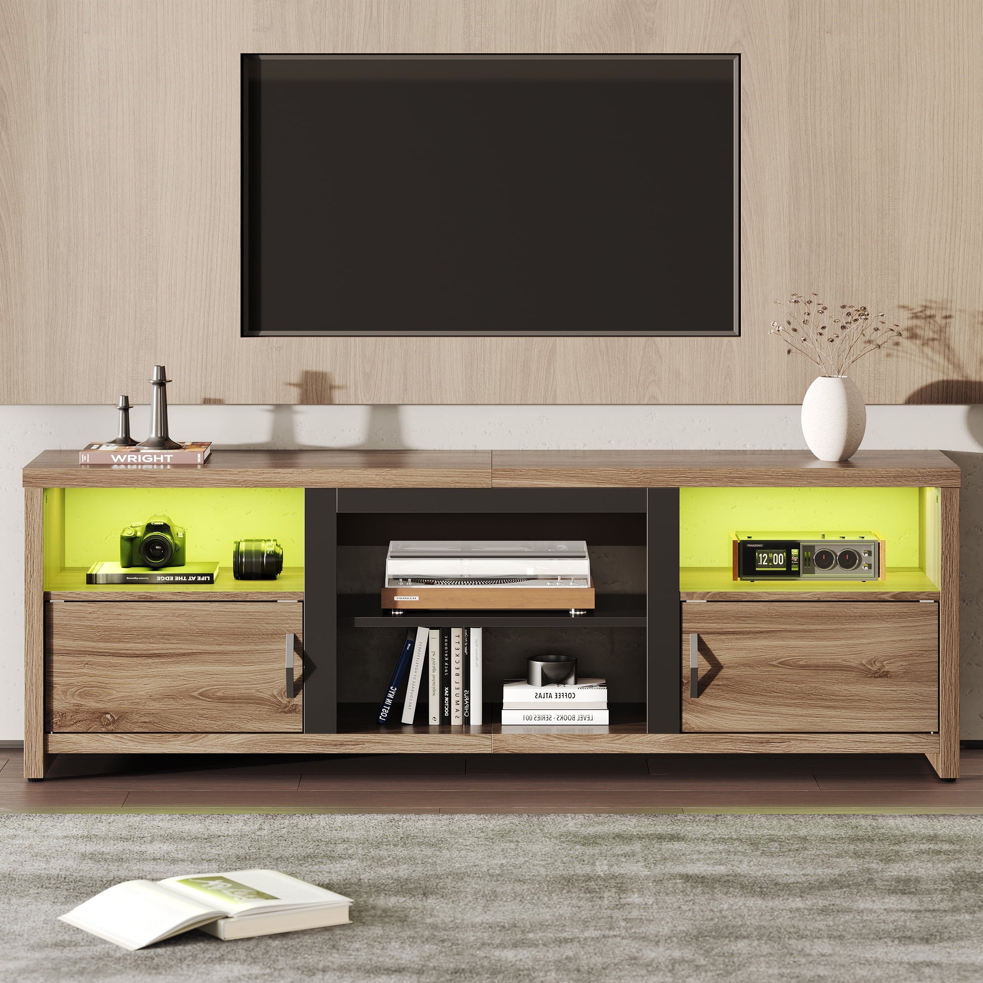 Modern LED TV Stand for up to 80" TV with Open Cubes and Cabinets, Pinewood