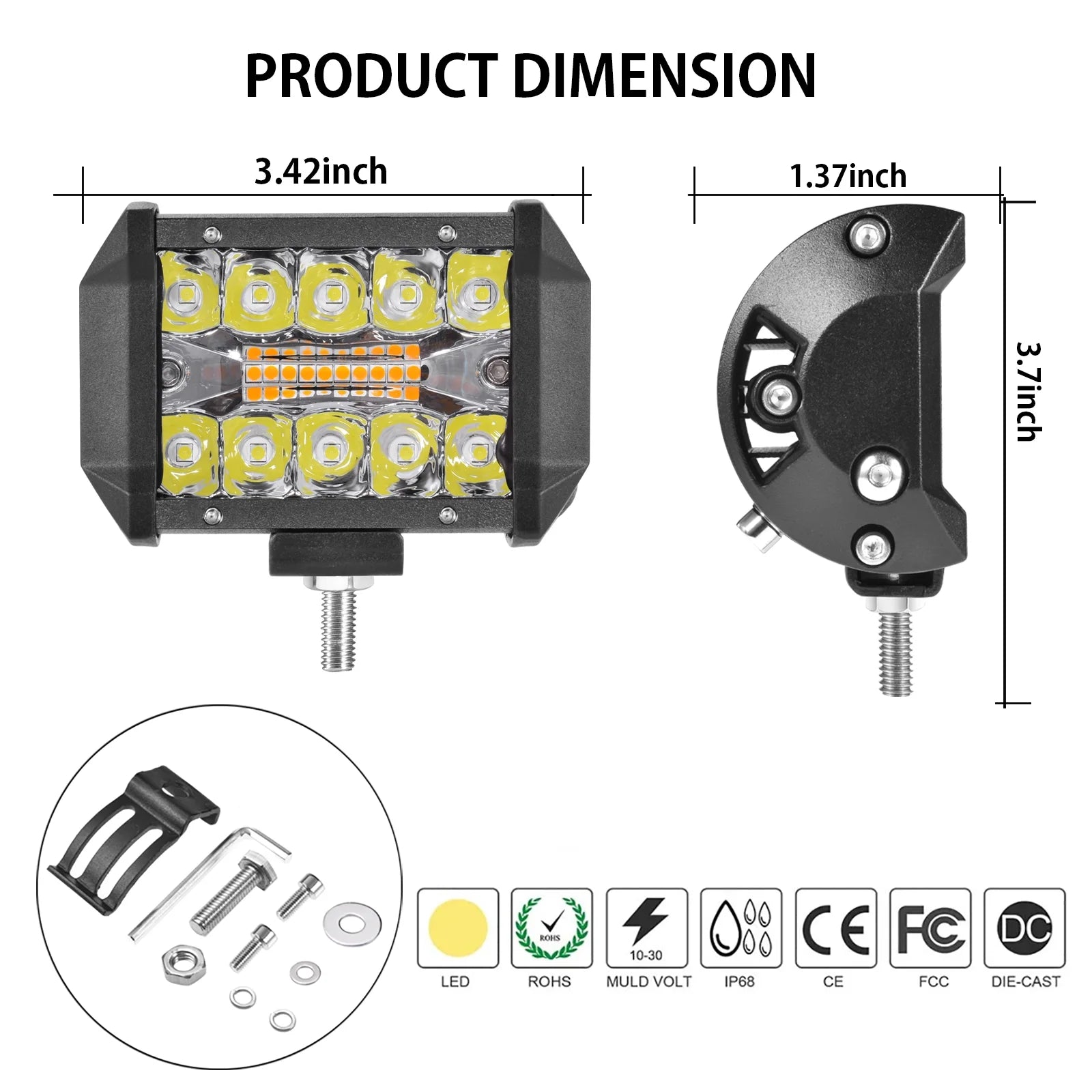 4Inch Amber+White Lights Cubes 2Pcs 72W 7200Lm High Intensity Triple Row Spot Beam off Road Lights Driving Lights for Pickup Truck ATV UTV 4X4 SUV 12V-24V LED Light Bar IP68