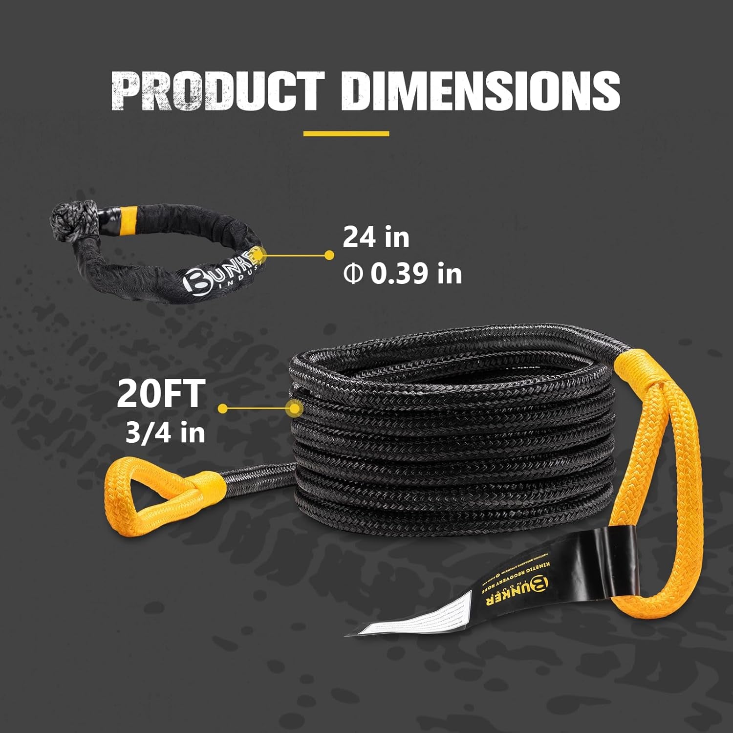 3/4In×20Ft Kinetic Recovery Rope with 2 Soft Shackles Kit, Kinetic Recovery Tow Rope Snatch Strap off Road Recovery Kit for UTV, ATV, Truck, Car, Jeep, Tractor